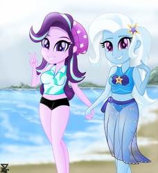 Size: 1990x2180 | Tagged: safe, artist:theretroart88, derpibooru import, starlight glimmer, trixie, equestria girls, adorasexy, beach, beanie, belly button, breasts, clothes, cute, female, hat, holding hands, lesbian, sexy, shipping, smiling, startrix, swimsuit