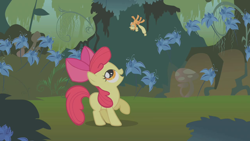 Size: 1280x720 | Tagged: safe, screencap, apple bloom, applejack, earth pony, pony, bridle gossip, appletini, duo, everfree forest, female, filly, mare, micro, poison joke, raised hoof, sisters, toss