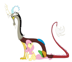 Size: 1280x1097 | Tagged: safe, artist:grievousfan, discord, fluttershy, draconequus, pegasus, pony, eyes closed, female, mare, simple background, smiling, transparent background