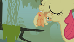Size: 1280x720 | Tagged: safe, screencap, apple bloom, applejack, earth pony, pony, bridle gossip, animation error, appletini, detached head, duo, everfree forest, eyes closed, female, filly, mare, micro, moss, mouth hold, sisters, tree branch