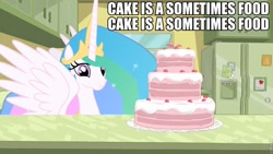 Size: 960x540 | Tagged: safe, screencap, princess celestia, alicorn, pony, cake, cakelestia, caption, image macro, phineas and ferb, roflbot, solo