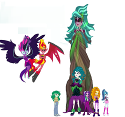 Size: 1294x1210 | Tagged: safe, artist:rainbowshadowmlp, adagio dazzle, aria blaze, gaea everfree, gloriosa daisy, juniper montage, midnight sparkle, sci-twi, sonata dusk, sunset satan, sunset shimmer, twilight sparkle, wallflower blush, equestria girls, equestria's monster girls, female, giantess, juniper monstar, macro, simple background, the dazzlings, white background