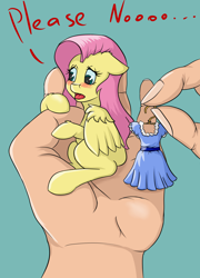 Size: 1440x1998 | Tagged: safe, artist:kittytitikitty, fluttershy, pegasus, pony, blushing, clothes, cute, dialogue, dress, dressup, embarrassed, female, floppy ears, hand, in goliath's palm, mare, micro, shyabetes, sitting, solo, tiny ponies, wings