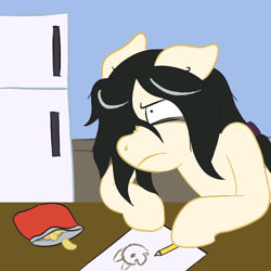 Size: 576x576 | Tagged: safe, artist:scraggleman, oc, oc only, oc:floor bored, earth pony, pony, /mlp/, 4chan, annoyed, chips, female, food, frown, hoof hold, mare, paper, pencil, picture, reaction image, refrigerator, solo, table, unamused