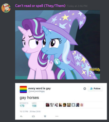 Size: 475x529 | Tagged: dead source, safe, derpibooru import, edit, edited screencap, screencap, starlight glimmer, trixie, to where and back again, discord (platform), discord (program), discovery family logo, egg, english, female, flag, headcanon, lesbian, lgbt headcanon, mare, meme, meta, pride, shipping, sparkles, stars, startrix, text, twitter, x (platform)