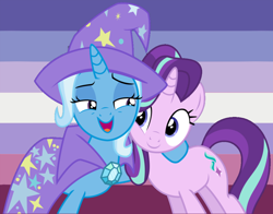 Size: 1010x791 | Tagged: safe, artist:lynmunn, derpibooru import, starlight glimmer, trixie, pony, female, lesbian, lesbian pride flag, shipping, startrix