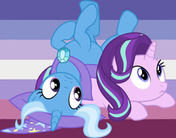 Size: 1010x791 | Tagged: safe, artist:lynmunn, derpibooru import, starlight glimmer, trixie, pony, female, lesbian, lesbian pride flag, shipping, startrix