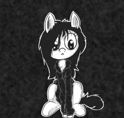 Size: 1000x950 | Tagged: safe, artist:happy harvey, oc, oc only, oc:floor bored, bags under eyes, black and white, black background, chest fluff, clothes, drawn on phone, female, grayscale, hoodie, messy mane, monochrome, neet, simple background, sitting, solo