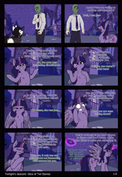 Size: 3756x5457 | Tagged: safe, artist:duop-qoub, twilight sparkle, twilight sparkle (alicorn), oc, oc:anon, oc:floor bored, alicorn, earth pony, human, pony, comic:twilight's descent slice of twi stories, angry, belly button, chest fluff, comic, descended twilight, dialogue, ear fluff, female, floppy ears, fluffy, glowing horn, gritted teeth, human male, jealous, magic, male, mare, necktie, nose wrinkle, open mouth, possessive, shrunken pupils, telekinesis, wide eyes, yandere