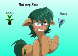 Size: 820x595 | Tagged: safe, artist:willdabeard, oc, oc:flurry, oc:nutmeg, oc:nutmeg rose, breezie, earth pony, pony, blushing, brown, brown fur, cutie mark, glasses, green eyes, green mane, macro, micro, teeth, waving