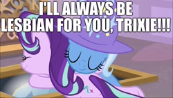 Size: 1920x1080 | Tagged: safe, derpibooru import, edit, edited screencap, screencap, starlight glimmer, trixie, pony, unicorn, the ending of the end, caption, excessive exclamation marks, female, hug, image macro, leak, lesbian, shipping, startrix, text