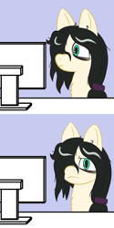 Size: 400x800 | Tagged: safe, artist:scraggleman, oc, oc only, oc:floor bored, earth pony, pony, bags under eyes, chest fluff, computer, disappointed, female, mare, reaction image, simple background, solo