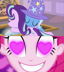 Size: 960x1078 | Tagged: safe, derpibooru import, pinkie pie, starlight glimmer, trixie, coinky-dink world, eqg summertime shorts, equestria girls, the ending of the end, female, leak, lesbian, meme, pinkie's eyes, shipping, startrix, wingding eyes