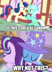 Size: 636x868 | Tagged: safe, derpibooru import, edit, edited screencap, screencap, bon bon, lyra heartstrings, starlight glimmer, sweetie drops, trixie, earth pony, pony, unicorn, the big mac question, the ending of the end, female, leak, lesbian, lyrabon, shipping, startrix