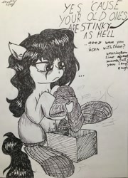 Size: 2894x4029 | Tagged: safe, artist:littlenaughtypony, oc, oc only, oc:anon, oc:floor bored, earth pony, pony, ..., clothes, dialogue, female, mare, monochrome, offscreen character, present, sitting, smelly, smelly socks, socks, traditional art