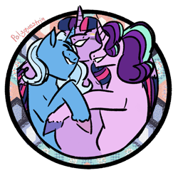 Size: 1063x1063 | Tagged: safe, artist:lieutenantcactus, artist:polyquestria, derpibooru import, starlight glimmer, trixie, twilight sparkle, pony, unicorn, eyes closed, female, lesbian, mare, nonbinary, polyamory, shipping, startrix, twistarlight, twixie, twixstar