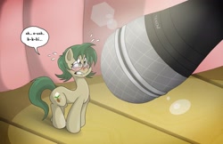 Size: 2040x1320 | Tagged: safe, artist:willdabeard, oc, oc:nutmeg, earth pony, pony, comic, curtain, female, lens flare, micro, microphone, nervous, shy, solo, sweat