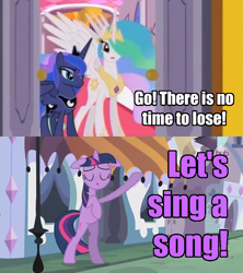 Size: 500x562 | Tagged: safe, edit, edited screencap, screencap, princess celestia, princess luna, twilight sparkle, alicorn, pony, the crystal empire, bipedal, comic, eyes closed, priorities, skewed priorities, song, the failure song