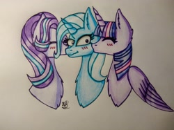 Size: 4160x3120 | Tagged: safe, artist:hiroultimate, derpibooru import, starlight glimmer, trixie, twilight sparkle, twilight sparkle (alicorn), alicorn, pony, unicorn, female, kiss on the cheek, kissing, lesbian, shipping, startrix, traditional art, twixie, twixstar, wavy mouth