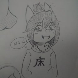 Size: 3120x3120 | Tagged: safe, artist:shpace, oc, oc:floor bored, /mlp/, blushing, bun, chest fluff, clothes, cute, ear piercing, grin, hoodie, no u, piercing, smiling, solo, traditional art