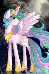 Size: 1000x1500 | Tagged: safe, artist:sandwhisper, princess celestia, alicorn, pony, female, horn, mare, multicolored mane, pinklestia, solo, white coat