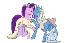 Size: 1024x577 | Tagged: safe, artist:peikonhannantupsu, derpibooru import, starlight glimmer, trixie, pony, unicorn, clothes, dress, female, kissing, lesbian, mare, marriage, shipping, simple background, startrix, transparent background, wedding, wedding dress