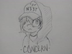 Size: 4160x3120 | Tagged: safe, artist:shpace, oc, oc:floor bored, earth pony, pony, /mlp/, 4chan, bags under eyes, baseball cap, bust, cap, clothes, concern, concerned, drawthread, frown, hat, hoodie, looking up, monochrome, neet, reaction image, solo, traditional art