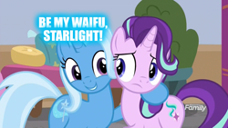 Size: 1920x1080 | Tagged: safe, derpibooru import, edit, edited screencap, screencap, starlight glimmer, trixie, pony, unicorn, a horse shoe-in, discovery family logo, duo, female, lesbian, mare, shipping, startrix, waifu