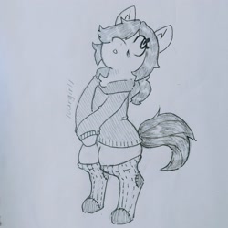 Size: 2659x2658 | Tagged: safe, artist:shpace, oc, oc only, oc:floor bored, earth pony, pony, /ourgirl/, bags under eyes, bipedal, clothes, ear fluff, female, grayscale, hair over one eye, hoodie, mare, monochrome, socks, solo, striped socks, traditional art