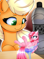 Size: 2400x3200 | Tagged: safe, artist:madacon, applejack, pinkie pie, earth pony, pony, bar, cocktail glass, cup, cup of pony, cute, diapinkes, glass, looking down, loose hair, martini glass, micro, pinkamena diane pie, size difference
