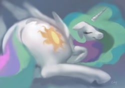 Size: 1000x704 | Tagged: safe, artist:cabybowl, princess celestia, alicorn, pony, cute, cutelestia, plot, sleeping, solo, tumblr