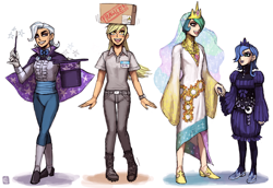 Size: 1302x896 | Tagged: safe, artist:emlan, derpy hooves, princess celestia, princess luna, trixie, humanized, s1 luna