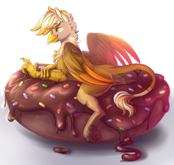 Size: 1375x1306 | Tagged: safe, artist:1an1, oc, oc only, oc:ember burd, griffon, commission, donut, food, griffon oc, male, micro, paws, prone, simple background, smiling, solo, toe beans, underpaw, white background