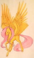 Size: 1024x1764 | Tagged: safe, artist:oneiria-fylakas, fluttershy, pegasus, pony, eyes closed, missing cutie mark, raised hoof, realistic, solo, spread wings, traditional art, wings