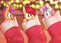Size: 3640x2552 | Tagged: safe, artist:mirroredsea, apple bloom, scootaloo, sweetie belle, earth pony, pegasus, pony, unicorn, adorabloom, apple bloom's bow, bow, christmas, christmas stocking, clothes, cute, cutealoo, cutie mark crusaders, diasweetes, eye clipping through hair, female, filly, hair bow, happy, holiday, lights, micro, open mouth, smiling, stockings, thigh highs, trio, weapons-grade cute
