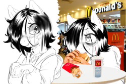 Size: 1009x670 | Tagged: safe, artist:vikalh, edit, oc, oc only, oc:floor bored, anthro, clothes, eating, hoodie, mcdonald's, safe edit, solo