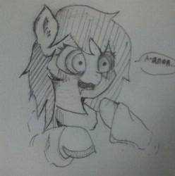 Size: 1852x1866 | Tagged: safe, artist:anonymous, oc, oc only, oc:floor bored, pony, bags under eyes, blushing, clothes, drool, female, mare, messy mane, open mouth, shrunken pupils, solo, traditional art