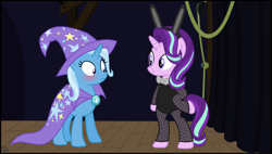 Size: 4314x2451 | Tagged: safe, artist:anime-equestria, derpibooru import, starlight glimmer, trixie, pony, unicorn, backstage, bipedal, blushing, bowtie, bunny ears, bunny suit, cape, clothes, curtains, cute, diatrixes, duo, female, fishnet stockings, glimmerbetes, hat, hoof on hip, lesbian, outfit, playboy bunny, rope, shipping, smiling, stage, standing up, startrix, trixie's cape, trixie's hat, vector, wood, wooden floor