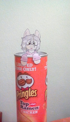 Size: 912x1600 | Tagged: safe, artist:scraggleman, oc, oc only, oc:floor bored, chips, clothes, food, hoodie, irl, messy mane, paper child, photo, ponies in real life, potato chips, pringles, solo, tiny ponies, traditional art