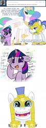 Size: 637x1774 | Tagged: safe, artist:songoharotto, princess celestia, smarty pants, twilight sparkle, oc, oc:aquilinus, alicorn, pony, ask, ask aquilinus, filly twilight sparkle