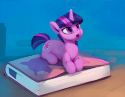 Size: 1100x859 | Tagged: safe, artist:rodrigues404, twilight sparkle, twilight sparkle (alicorn), alicorn, pony, angry, book, bookhorse, cute, female, glare, looking up, mare, micro, open mouth, possessive, prone, short tail, sitting, small wings, smol, solo, that pony sure does love books, tiny ponies, twiabetes, weapons-grade cute