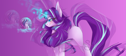 Size: 2253x1000 | Tagged: safe, artist:sileentdo, starlight glimmer, twilight sparkle, twilight sparkle (alicorn), alicorn, pony, unicorn, abstract background, blushing, bubble, duo, female, glowing horn, looking at each other, magic, mare, micro, missing cutie mark, one wing out, sitting, smiling, telekinesis, twilight is not amused, unamused, zoom layer