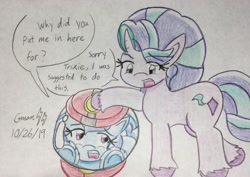 Size: 2164x1536 | Tagged: safe, artist:gmangamer25, derpibooru import, starlight glimmer, trixie, pony, unicorn, bondage, capsule, dialogue, encasement, female, lesbian, magic, monochrome, shipping, startrix, traditional art, trixieball