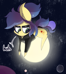 Size: 2089x2365 | Tagged: safe, artist:dragonpone, derpibooru exclusive, oc, oc only, oc:star shelf, earth pony, pony, cheek fluff, clothes, dialogue, ear fluff, eyeshadow, female, giant pony, goth, hoodie, huh, lidded eyes, looking down, macro, makeup, mare, planet, pony bigger than a planet, ponytail, solo, space, stars, sweater, tail wrap, tangible heavenly object