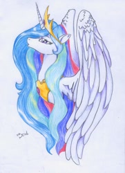 Size: 743x1024 | Tagged: safe, artist:mr detel, princess celestia, alicorn, pony, female, horn, mare, multicolored mane, solo, traditional art, white coat