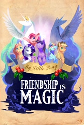 Size: 1181x1748 | Tagged: safe, artist:eundari, applejack, fluttershy, pinkie pie, princess celestia, princess luna, rainbow dash, rarity, spike, twilight sparkle, alicorn, dragon, earth pony, pegasus, pony, unicorn, mane six, old banner, poster