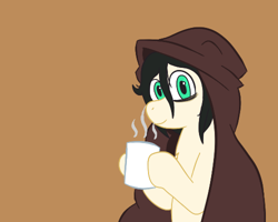 Size: 500x400 | Tagged: safe, artist:scraggleman, oc, oc only, oc:floor bored, blanket, coffee, coffee mug, comfy, hoof hold, looking at you, messy mane, mug, smiling, solo