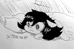 Size: 1280x844 | Tagged: safe, artist:tjpones, oc, oc only, oc:floor bored, earth pony, pony, bed, blanket, female, floppy ears, grayscale, in bed, lying down, lying on bed, mare, monochrome, on bed, pillow, prone, solo, tfw, tfw no bf, traditional art