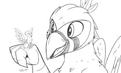 Size: 1280x780 | Tagged: safe, artist:tsitra360, oc, oc only, oc:der, oc:ruzeth, griffon, duo, male, micro, monochrome, open mouth, sketch, talons, wings