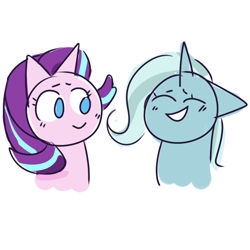 Size: 600x600 | Tagged: safe, artist:sstamps, derpibooru import, starlight glimmer, trixie, pony, unicorn, blushing, female, lesbian, shipping, smiling, startrix